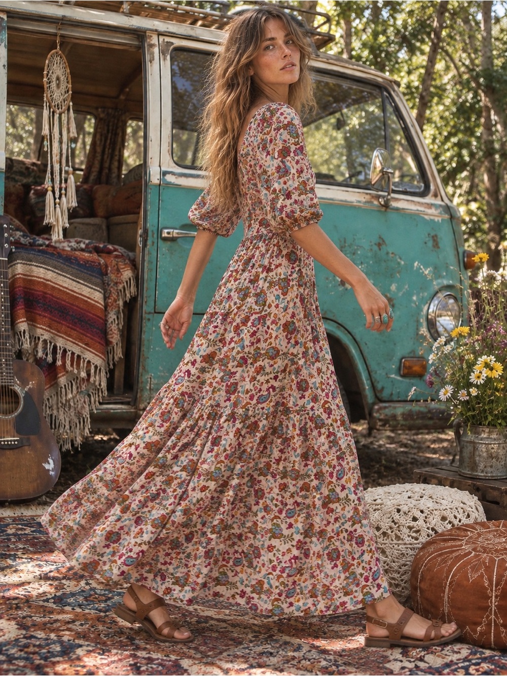 Natural Life Paisley Floral Puff Sleeve Button
Front Maxi Dress